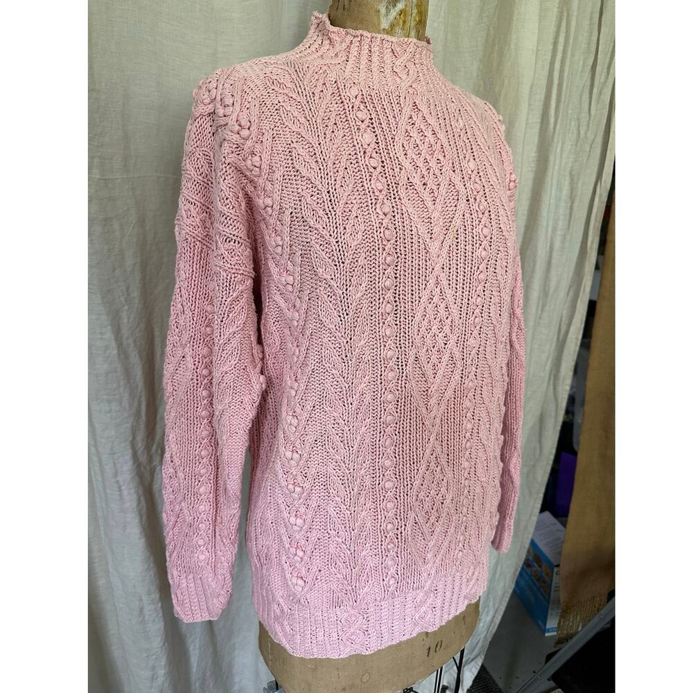Vintage Express Cable hand Knit Sweater cotton pink Chunky S cottage core Y2K